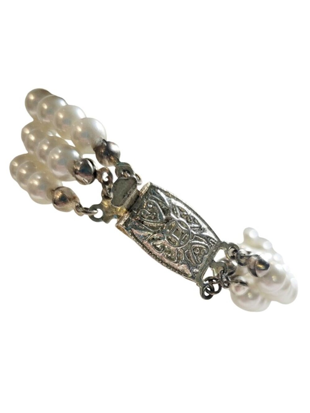 Faux Pearl With Tear Drop Crystal Cabochon Three Row Bracelet Silver Tone Clasp - Picture 5 of 10